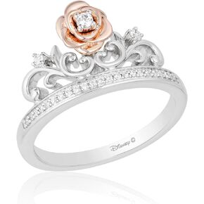 Jewelili Enchanted Disney Fine Jewelry Sterling Silver and 10K Rose Gold 1/10 Cttw Diamond Belle Rose Tiara Ring