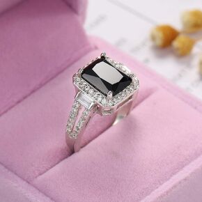 925 Sterling Silver Square Cut Black Onyx Wedding Engagement Ring Cocktail Rings Black Cubic Zirconia Simulated Diamond Anniversary Promise Wedding Band Engagement Ring