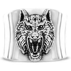 Retro S925 Sterling Silver Nordic Vikings Celts Wolf Head Chunky Band Ring,Antique Oding Wolf Wide Band Ring,Vintage Punk Biker Gothic Thumb Index Finger Statement Band Ring Jewelry Gift for Women