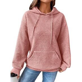 CORIRESHA Women's Fall Waffle Knit Hoodies Long Sleeve Drawstring Casual Pullover Sweatshirt with Pockets