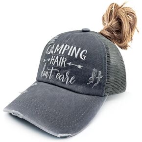 Embroidered Funny Camping Trucker Hat for Men Women Distressed Messy Bun Ponytail Baseball Cap