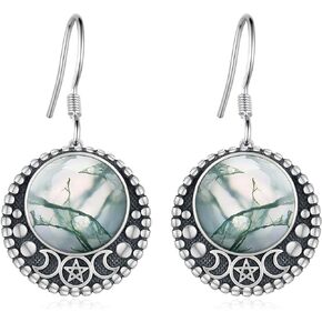 Moss Agate Earrings 925 Sterling Silver Triple Goddess Moon Earrings Vintage Moss Agate Jewelry Wiccan Gifts for Women