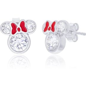 Disney Minnie Mouse Women Jewelry, Sterling Silver Cubic Zirconia and Red Enamel Bow Detail Stud Earrings