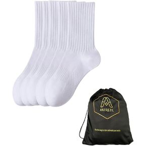 ANTREZIL Crew Compression Socks - Pack of 5 White Socks with Bag/Athletic Socks Cushioned Workout Socks Arch Support Sweat-Absorbent, Running Socks,Breathable Crew Socks,Sports Socks Size 4-10