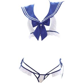 Women Sexy Cosplay Lingerie Japanese Anime Bowknot Schoolgirl Uniform Sailor Outfit Set Blue