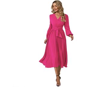 ODIZLI Women's Pleated A-line Dress Casual Maxi Dress Long Sleeve V Neck Party Wedding Guest Long Dresses