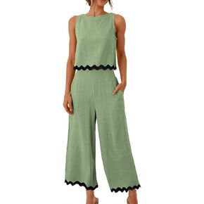 Dokuritu Two Piece Sets for Women Summer Sleeveless Tank Crop Button Back Top Wide Leg Pants Linen Set with Pockets in Kuwait