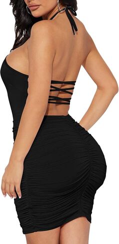 فستان Mizoci النسائي المثير بدون ظهر مكشكش Bodycon بطبقة مزدوجة قصير للنادي in Kuwait