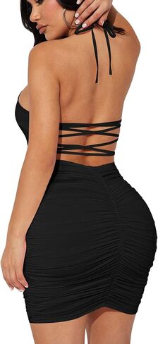 فستان Mizoci النسائي المثير بدون ظهر مكشكش Bodycon بطبقة مزدوجة قصير للنادي in Kuwait