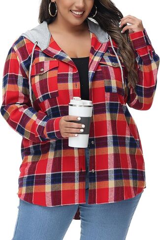 MCEDAR قمصان نسائية كبيرة الحجم من الفلانيل منقوشة بقلنسوة وأكمام طويلة وأزرار سفلية مقاس كبير سترة قميص منقوشة غير رسمية (S-4X) in Kuwait