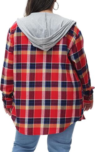 MCEDAR قمصان نسائية كبيرة الحجم من الفلانيل منقوشة بقلنسوة وأكمام طويلة وأزرار سفلية مقاس كبير سترة قميص منقوشة غير رسمية (S-4X) in Kuwait