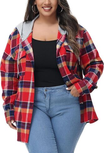 MCEDAR قمصان نسائية كبيرة الحجم من الفلانيل منقوشة بقلنسوة وأكمام طويلة وأزرار سفلية مقاس كبير سترة قميص منقوشة غير رسمية (S-4X) in Kuwait