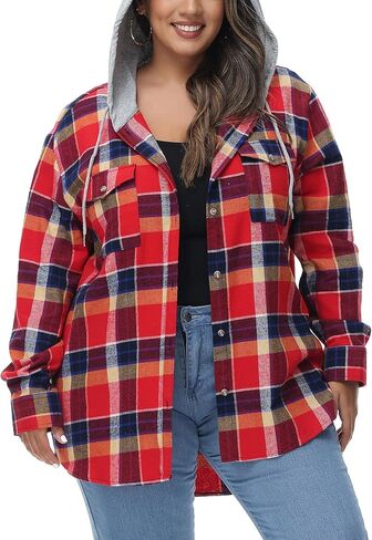 MCEDAR قمصان نسائية كبيرة الحجم من الفلانيل منقوشة بقلنسوة وأكمام طويلة وأزرار سفلية مقاس كبير سترة قميص منقوشة غير رسمية (S-4X) in Kuwait