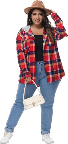 MCEDAR قمصان نسائية كبيرة الحجم من الفلانيل منقوشة بقلنسوة وأكمام طويلة وأزرار سفلية مقاس كبير سترة قميص منقوشة غير رسمية (S-4X) in Kuwait