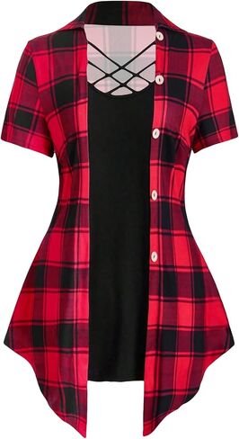 WDIRARA Women's Plus Size Plaid Crisscross Button Front Short Sleeve Tee 2 in 1 Asymmetrical Hem Top in Saudi Arabia