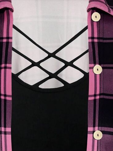 WDIRARA Women's Plus Size Plaid Crisscross Button Front Short Sleeve Tee 2 in 1 Asymmetrical Hem Top in Kuwait