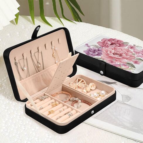 Jewelry Box Organizer Case Holder Display for Women Girls Travel Portable Jewelry Storage for Earrings Ring Necklace Bracelet Watch Small Flowers Black in Saudi Arabia