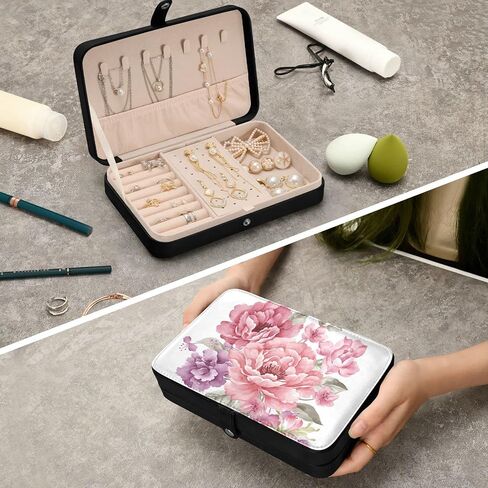 Jewelry Box Organizer Case Holder Display for Women Girls Travel Portable Jewelry Storage for Earrings Ring Necklace Bracelet Watch Small Flowers Black in Saudi Arabia