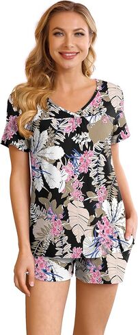 طقم بيجامة نسائي من POKWAI شورت ناعم من Pj مكون من قطعتين من ملابس النوم مع جيوب in Kuwait