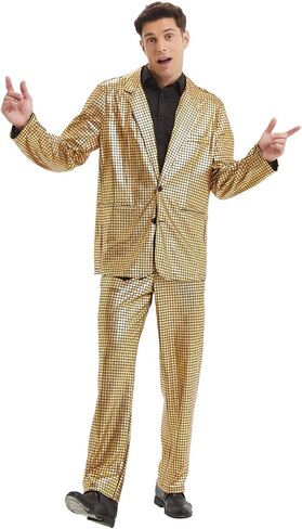 70s Disco Costume Men 2 Piece Shiny Outfit Mens Metallic Sequin Suits for Halloween Prom Party Ball Suit Jacket Pants in Kuwait