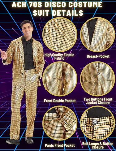 70s Disco Costume Men 2 Piece Shiny Outfit Mens Metallic Sequin Suits for Halloween Prom Party Ball Suit Jacket Pants in Kuwait