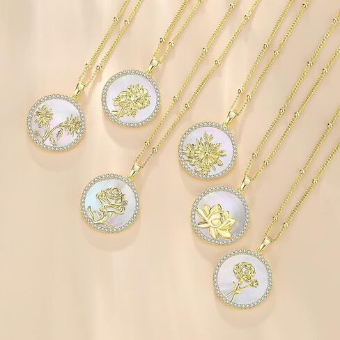 Agvana Valentines Day Gifts for Her Sterling Silver Birth Flower Necklace for Women Genuine Mother of Pearl CZ Round Disc Halo Pendant Necklace Fine Jewelry Anniversary Birthday Gifts for Women Girls Wife Mom Her in Saudi Arabia