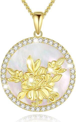 Agvana Valentines Day Gifts for Her Sterling Silver Birth Flower Necklace for Women Genuine Mother of Pearl CZ Round Disc Halo Pendant Necklace Fine Jewelry Anniversary Birthday Gifts for Women Girls Wife Mom Her in Saudi Arabia
