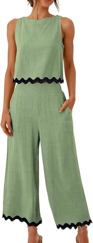 Dokuritu Two Piece Sets for Women Summer Sleeveless Tank Crop Button Back Top Wide Leg Pants Linen Set with Pockets in Kuwait