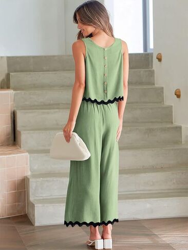 Dokuritu Two Piece Sets for Women Summer Sleeveless Tank Crop Button Back Top Wide Leg Pants Linen Set with Pockets in Kuwait