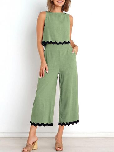 Dokuritu Two Piece Sets for Women Summer Sleeveless Tank Crop Button Back Top Wide Leg Pants Linen Set with Pockets in Kuwait
