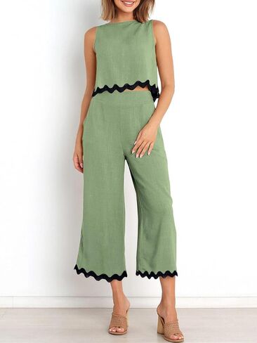 Dokuritu Two Piece Sets for Women Summer Sleeveless Tank Crop Button Back Top Wide Leg Pants Linen Set with Pockets in Kuwait