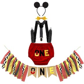 IZKIZF Baby Shower Costume 1st Birthday Cake Smash Photo Prop Outfits w/Highchair Banner Bow Tie Suspender Bloomers Headband