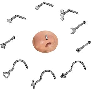 ZZHDCC G23 Titanium Nose Ring Studs L Shaped 20g 9Pcs Titanium Nose Rings for Women Men CZ Star Heart Nose Piercing Studs Pure Titanium Nostril Piercing Jewelry 14K Gold Corkscrew Nose Studs