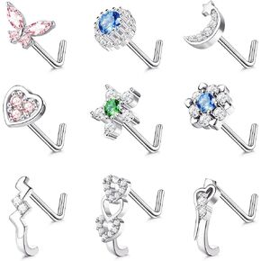 sailimue 9Pcs 20G Nose Rings Studs Snowflake Star Top Surgical Steel L-Shaped Nose Studs Triple Linear Gem Ball Round Diamond CZ Nose Piercing Jewelry