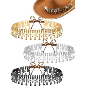 Cutecrop 3 Pcs Rhinestone Fringe Cowboy Hat Band for Men Women Adjustable Hat Belt Bling Western Style Hat Accessories