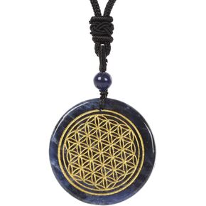 JUSTINSTONES 34mm Carved Flower Of Life Coin Gemstone Crystal Sacred Geometry Jewelry Adjustable Necklace 16 to 26 inch