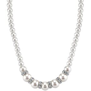 1928 Bridal Women's White Graduated Faux Pearl Strand And Crystal Necklace 15" + 3" Extender
