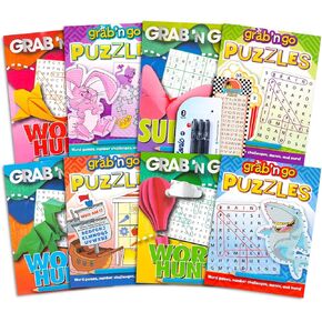 4 Pocket Size Puzzle Books - Bundle of 4 Travel Size Activity Puzzle Books: Word Searches, Mazes, Sudoku, More | Kids Actvities for Airplanes