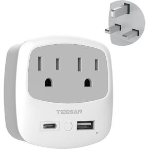 US to UK Plug Adapter, TESSAN Type G Travel Adaptor with 2 Electrical Outlets 2 USB Ports (1 USB C), UK Power Adapter for USA to Ireland England London Scotland British Dubai Kenya Hong Kong Qatar