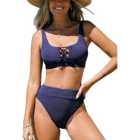 CUPSHE Women's Bikini Sets Two Piece Swimsuit High Waisted Scoop Neck Adjustable Straps Textured Front Lace