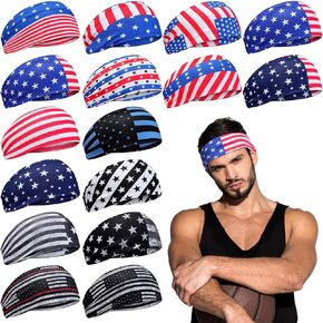 Foaincore 16 Pcs Sports Headbands for Men American Flag Workout Headband Moisture Wicking Fabric Sweatband Patriotic Stretchy Non Slip Hair Band for National Sports Events Running Cycling Yoga