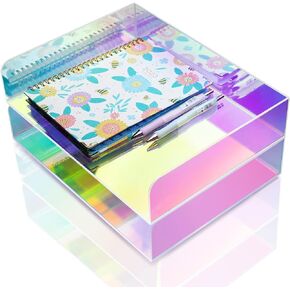 Acrylic Letter Tray 2-Tier Iridescent Stackable Desk Paper Tray Organizer and Office Accessories Supplies, Rainbow Letter Size Desk Accessories Storage Organization (Portrait)