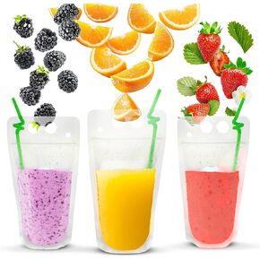 UTILE Clear 100 PCS Drink Pouches 17 oz for Adults with Text and Individually Wrapped Straws, Reclosable Zipper Smoothie Juice pouches – Hand Held Translucent Bag Funnel Included