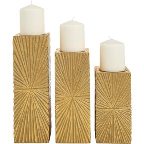CosmoLiving by Cosmopolitan Wood Geometric Carved Pillar Candle Holder, Set of 3 12", 10", 8"H, Black