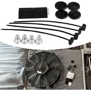 Flygun 4 Set Car Fan Installation Parts Set, Transmission Cooler Radiator Fan Tie, Mounting Feet Spring Foam Protection Plastic Rod Mount Kit, Universal Modification Fixing Accessory for Car (Black)