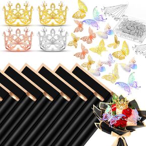 Seajan Flower Bouquet Accessories Include 40 Sheets Flower Wrapping Paper 4 Mini Crowns 48 Butterfly and 100 Corsage Bouquet Pin for Women Wedding Birthday Mother's Day Bouquet Decor (Retro Color)