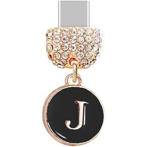 ELISE & FONDA TP60 Type-C USB Charging Port Crystal Anti Dust Plug Tiny letter J Cell Phone Charm for Samsung/Huawei/OnePlus/Xiaomi/oppo New Android Phones(Black)