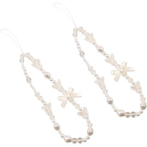 2Pcs White Mobile Phone Lanyard Universal Phone Chain Black Bow, Pearl Beaded Phone Lanyard Wrist Strap Anti Lost Phone Charm Strap Fashion Keychain Wallet Decoration Pendant for Women, Accessories
