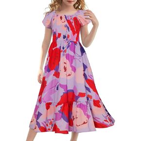 GRACE KARIN Girls' Summer Hawaiian Dresses Smocked A-Line Maxi Floral Dress 6-7 Years,Big Flowers on Purple
