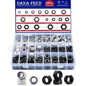 Dana Fred 582pcs Nylon Insert Locknut Metric Lock Nut Assortment Kit M3 M4 M5 M6 M8 M10 M12 Black Carbon Steel 304 Stainless Steel